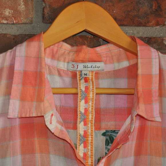 JOHNNY WAS 3J Workshop Sleeveless Blouse Silk Cotton Floral Sheer Plaid Tunic M - Picture 7 of 7